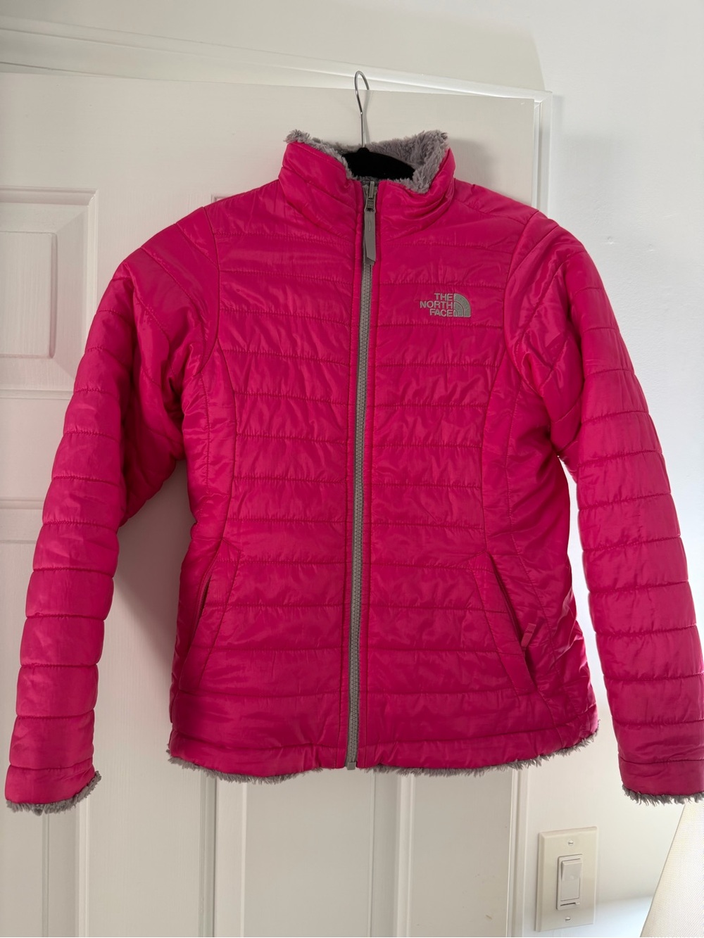 The North Face Girls Reversible Full Zip Jacket Pink/Gray Fleece Pockets 10-12